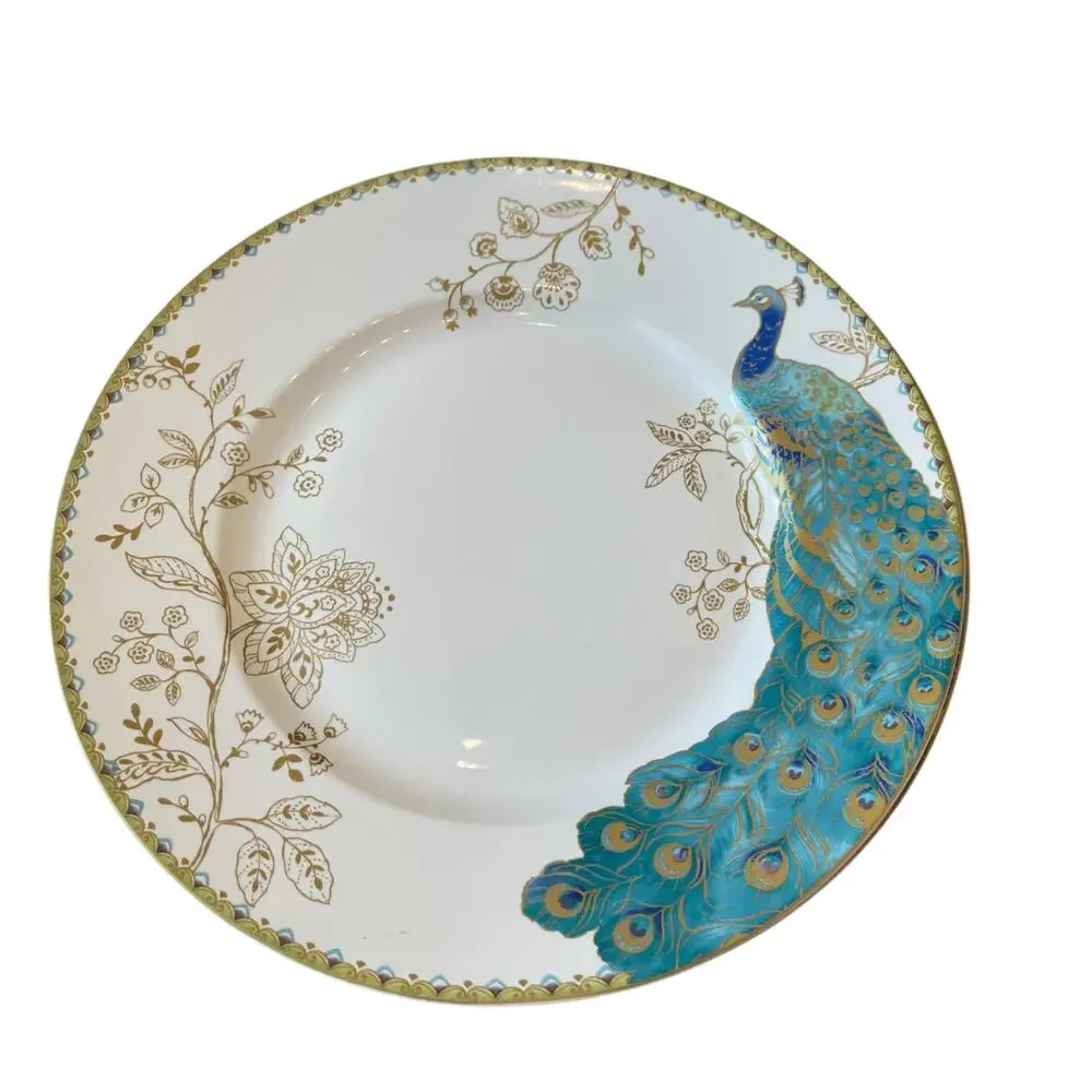 222 FIFTH Peacock Garden Porcelain Dinner Plate Set of 4 Gold Floral Scroll NEW